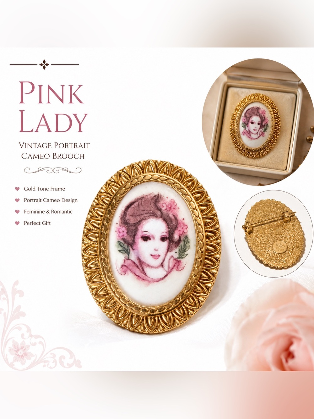 Vintage Pink Lady Cameo Brooch Gold Tone Victorian Portrait Pin Rare 1960s